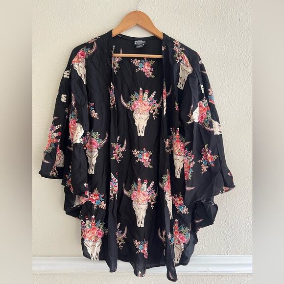 Angie Tops - Angie black floral cow skull‎ open cardigan bell sleeve size Medium